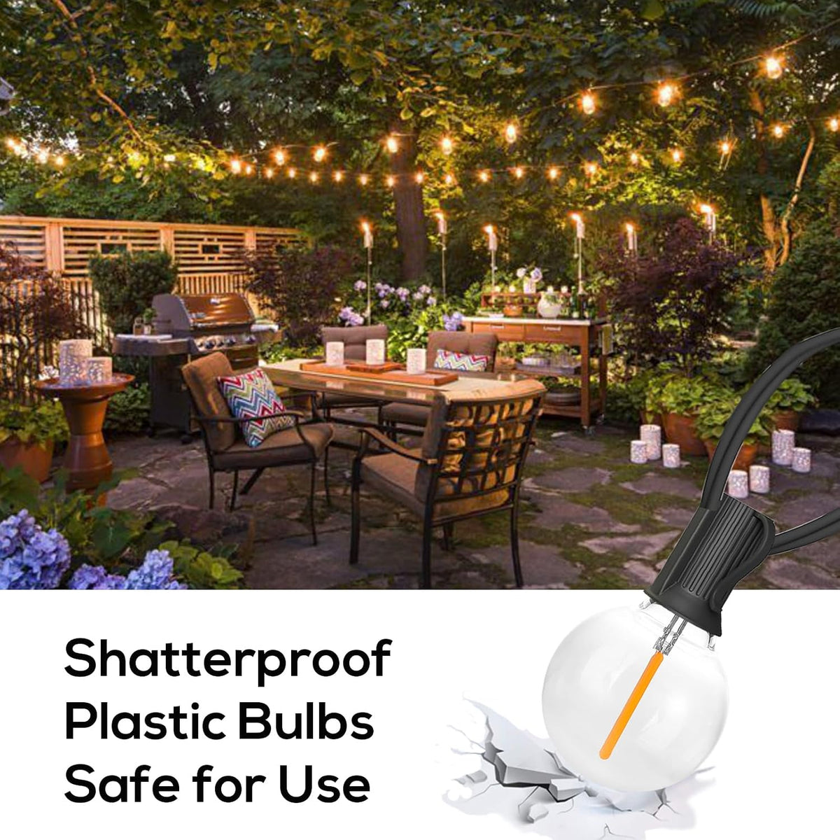 50FT Outdoor String Lights, Shatterproof Patio Lights with 26 Bulbs