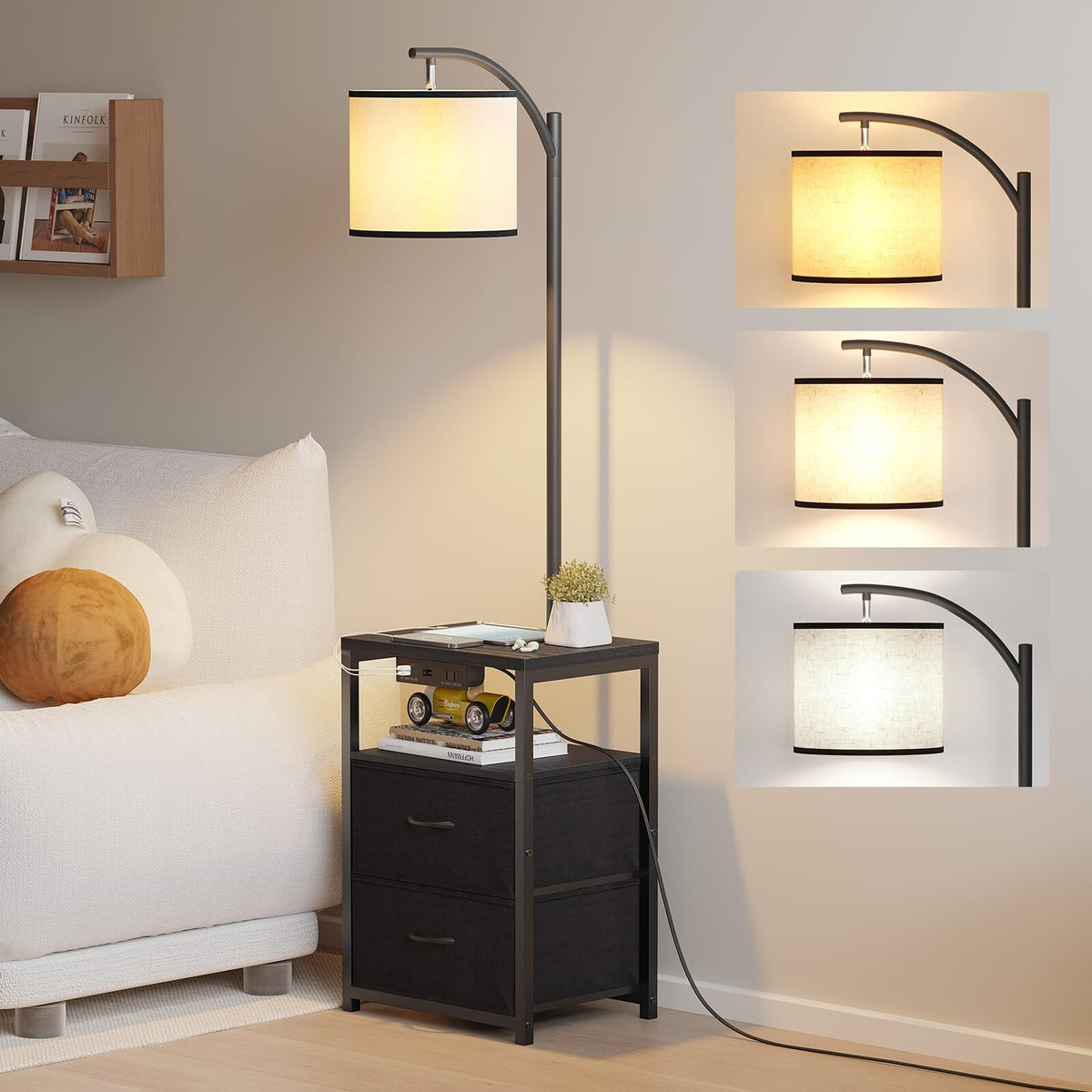 SUNMORY Floor Lamp with Table & 2 Drawers, Lamp with USB Port and Outlet, Lam...