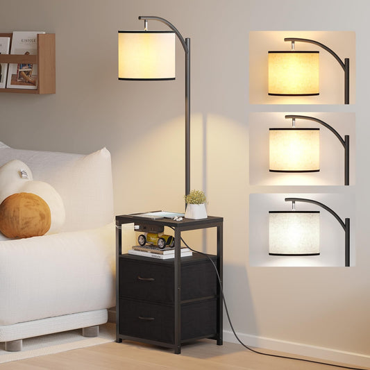 SUNMORY Floor Lamp with Table & 2 Drawers, Lamp with USB Port and Outlet, Lam...