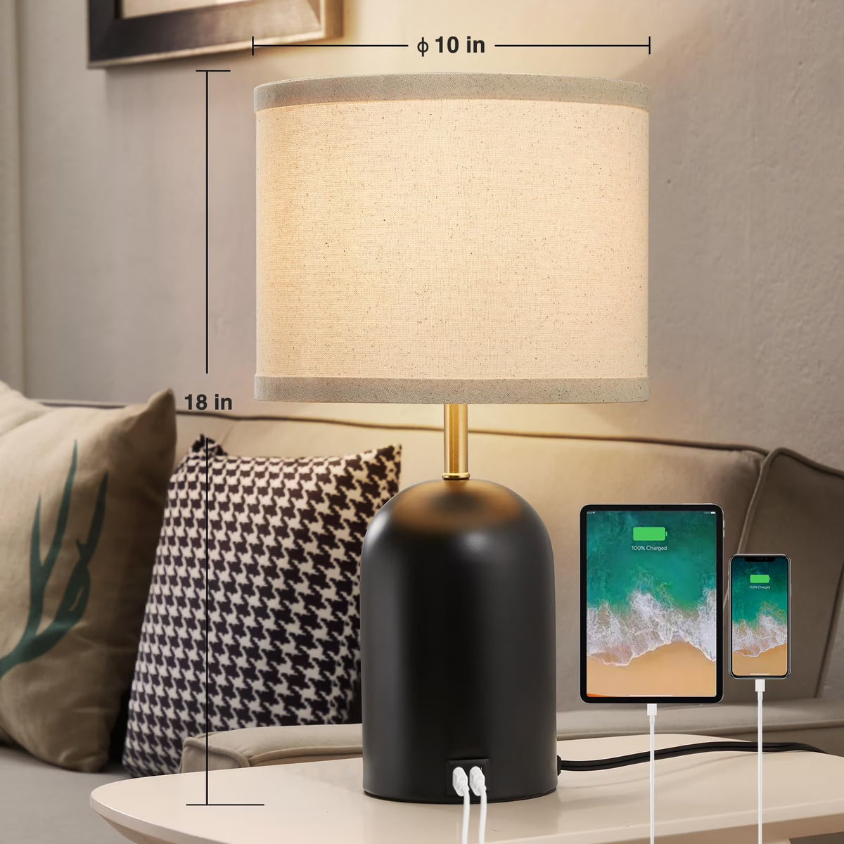 Touch Control Table Lamps Set of 2, Modern Bedside Lamp with 2 USB Ports, 3-Way Dimmable Black Nightstand Lamp with Fabric Shade for Living Room Bedroom Office Dorm (LED Bulbs Included)