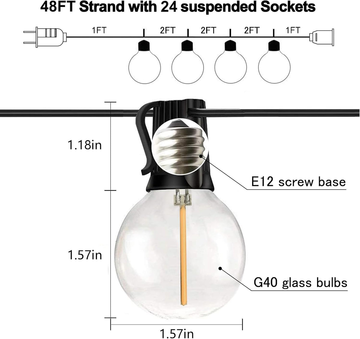 50FT Outdoor String Lights, Shatterproof Patio Lights with 26 Bulbs