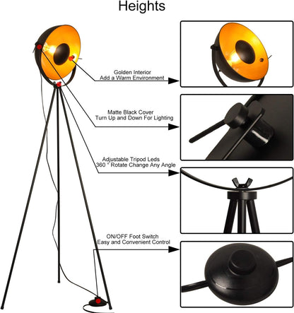 Industrial Tripod Floor Lamp for Living Room, Modern Satellite Tall Standing Lamps for Bedrooms Black Gold (No Bulbs)