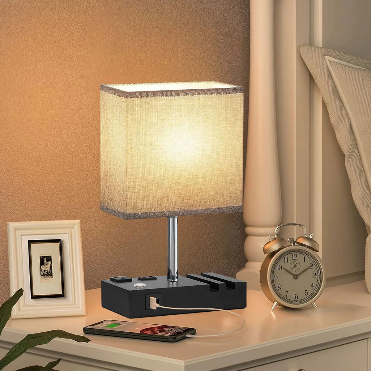 HOME Table Lamp for Bedroom with Fast USB A&C Charging Ports, Bedside Lamps with 2 Phone Stands, 2 and 3-Prong AC Charging Outlets, Touch Lamp for Living Room, Dorm, Home Office