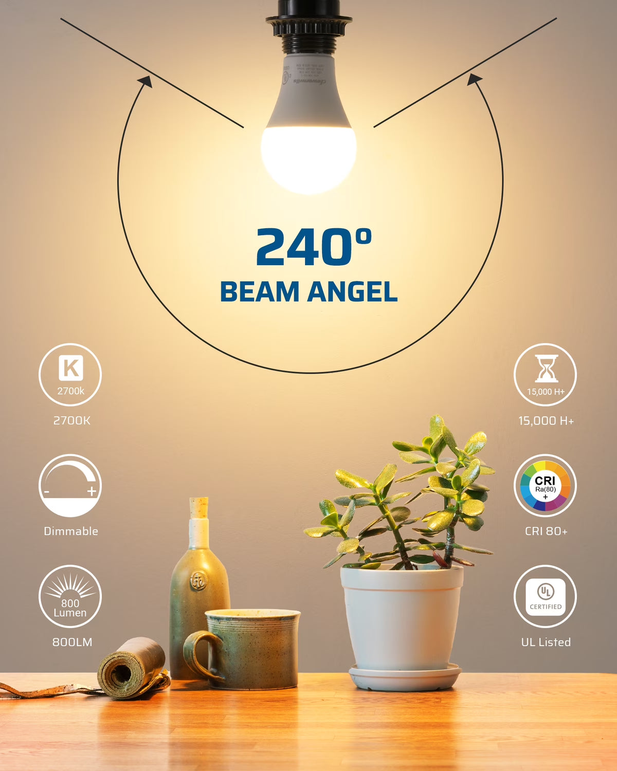 Dimmable LED Light Bulbs 60W Equivalent 800 Lumen 2700K Warm White, 10W LED Bulbs E26 Medium Base, UL Listed 4-Pack