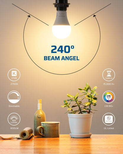 Dimmable LED Light Bulbs 60W Equivalent 800 Lumen 2700K Warm White, 10W LED Bulbs E26 Medium Base, UL Listed 4-Pack