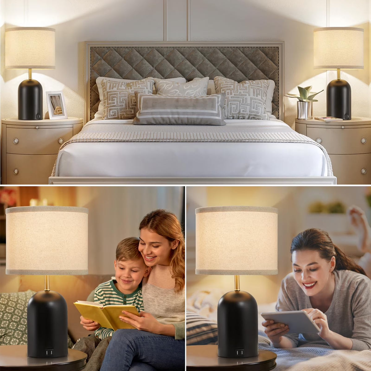 Touch Control Table Lamps Set of 2, Modern Bedside Lamp with 2 USB Ports, 3-Way Dimmable Black Nightstand Lamp with Fabric Shade for Living Room Bedroom Office Dorm (LED Bulbs Included)