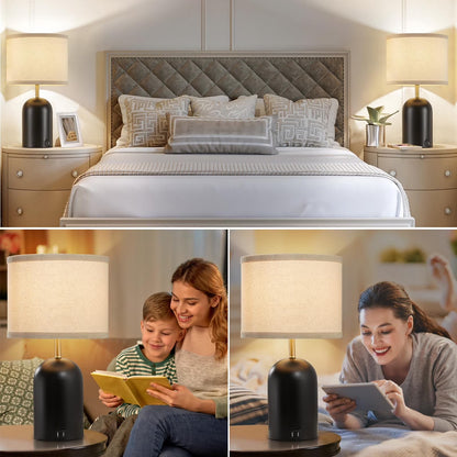 Touch Control Table Lamps Set of 2, Modern Bedside Lamp with 2 USB Ports, 3-Way Dimmable Black Nightstand Lamp with Fabric Shade for Living Room Bedroom Office Dorm (LED Bulbs Included)