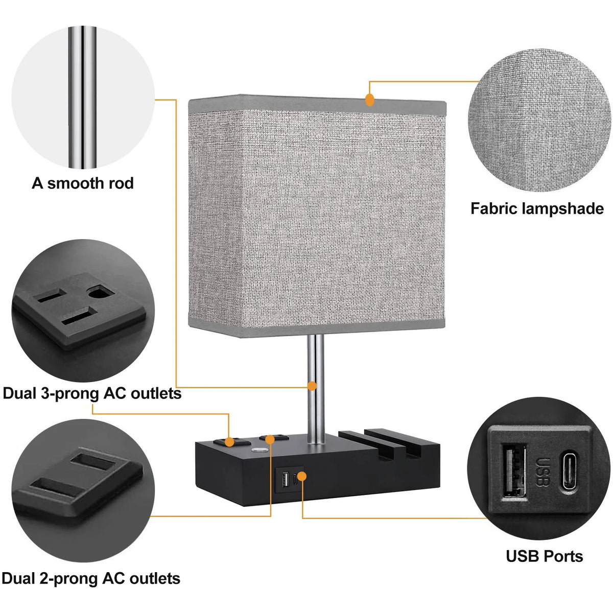 HOME Table Lamp for Bedroom with Fast USB A&C Charging Ports, Bedside Lamps with 2 Phone Stands, 2 and 3-Prong AC Charging Outlets, Touch Lamp for Living Room, Dorm, Home Office