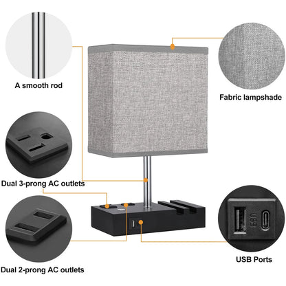 HOME Table Lamp for Bedroom with Fast USB A&C Charging Ports, Bedside Lamps with 2 Phone Stands, 2 and 3-Prong AC Charging Outlets, Touch Lamp for Living Room, Dorm, Home Office