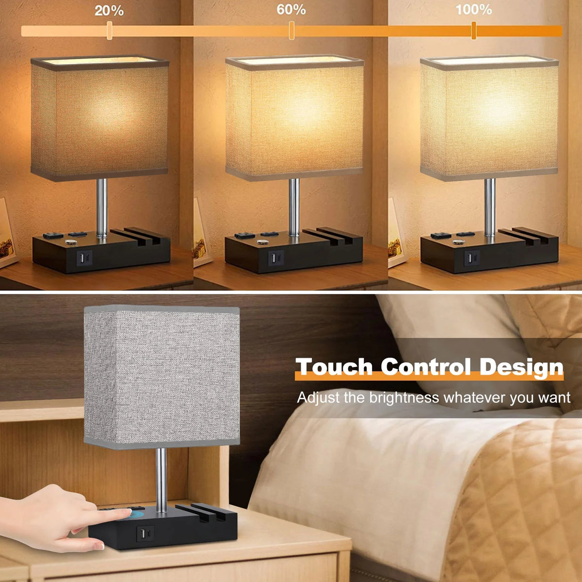 HOME Table Lamp for Bedroom with Fast USB A&C Charging Ports, Bedside Lamps with 2 Phone Stands, 2 and 3-Prong AC Charging Outlets, Touch Lamp for Living Room, Dorm, Home Office