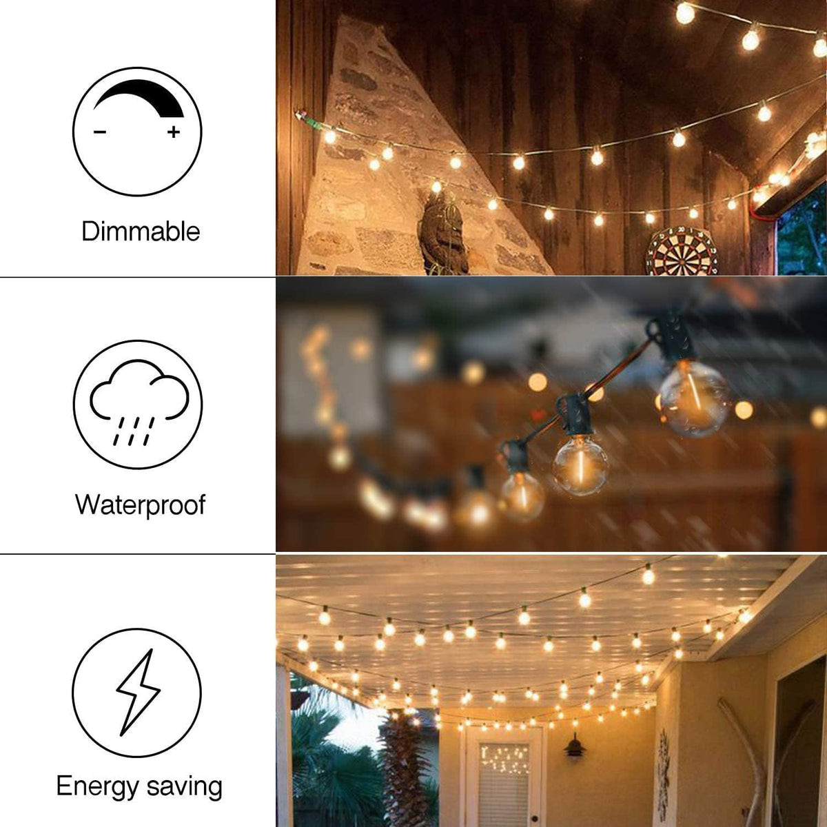 50FT Outdoor String Lights, Shatterproof Patio Lights with 26 Bulbs