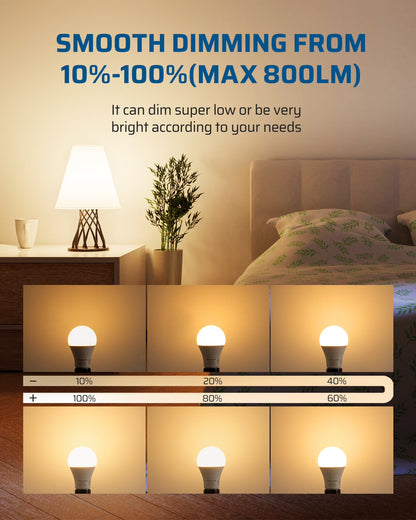 Dimmable LED Light Bulbs 60W Equivalent 800 Lumen 2700K Warm White, 10W LED Bulbs E26 Medium Base, UL Listed 4-Pack