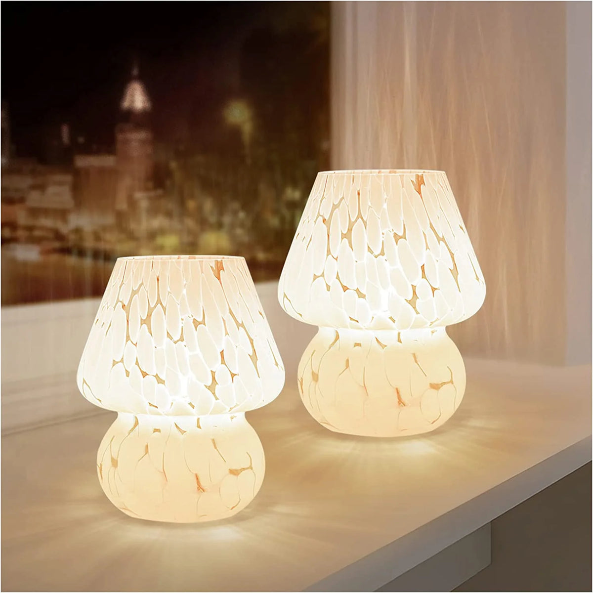 Mushroom Table Lamps Set of 2, Dimmable Glass Bedside Lamp, Cute Small Nightstand Lamp for Living Room, Bedroom, Home Decor, 7.1'' H, White