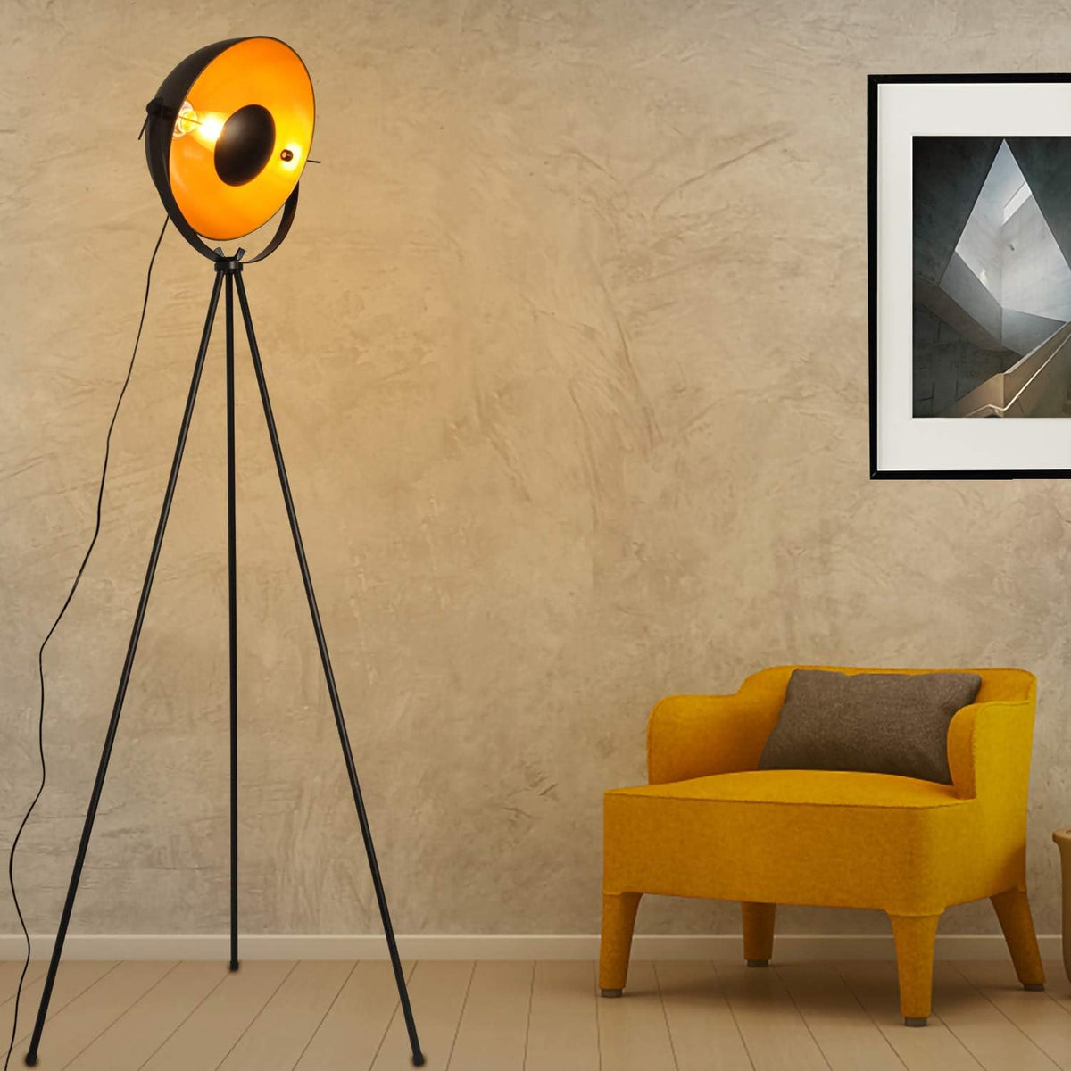 Industrial Tripod Floor Lamp for Living Room, Modern Satellite Tall Standing Lamps for Bedrooms Black Gold (No Bulbs)