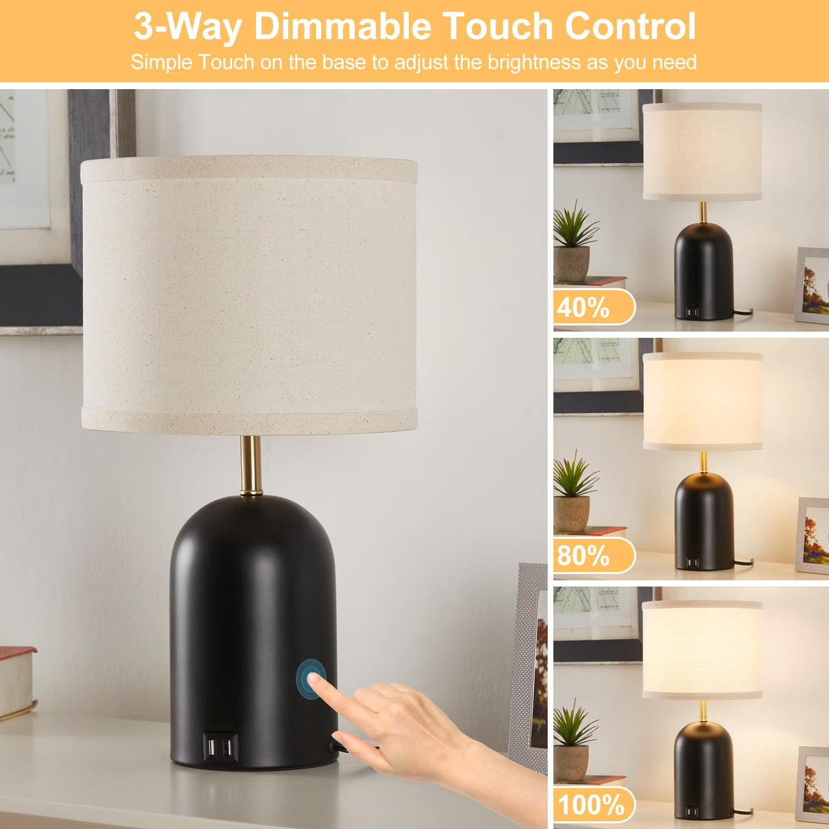 Touch Control Table Lamps Set of 2, Modern Bedside Lamp with 2 USB Ports, 3-Way Dimmable Black Nightstand Lamp with Fabric Shade for Living Room Bedroom Office Dorm (LED Bulbs Included)