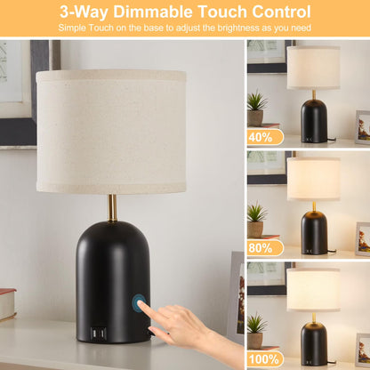 Touch Control Table Lamps Set of 2, Modern Bedside Lamp with 2 USB Ports, 3-Way Dimmable Black Nightstand Lamp with Fabric Shade for Living Room Bedroom Office Dorm (LED Bulbs Included)