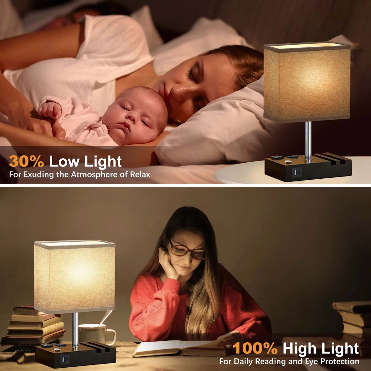HOME Table Lamp for Bedroom with Fast USB A&C Charging Ports, Bedside Lamps with 2 Phone Stands, 2 and 3-Prong AC Charging Outlets, Touch Lamp for Living Room, Dorm, Home Office