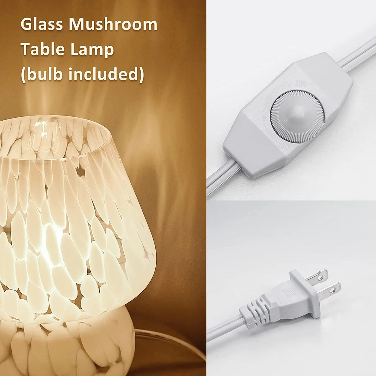 Mushroom Table Lamps Set of 2, Dimmable Glass Bedside Lamp, Cute Small Nightstand Lamp for Living Room, Bedroom, Home Decor, 7.1'' H, White