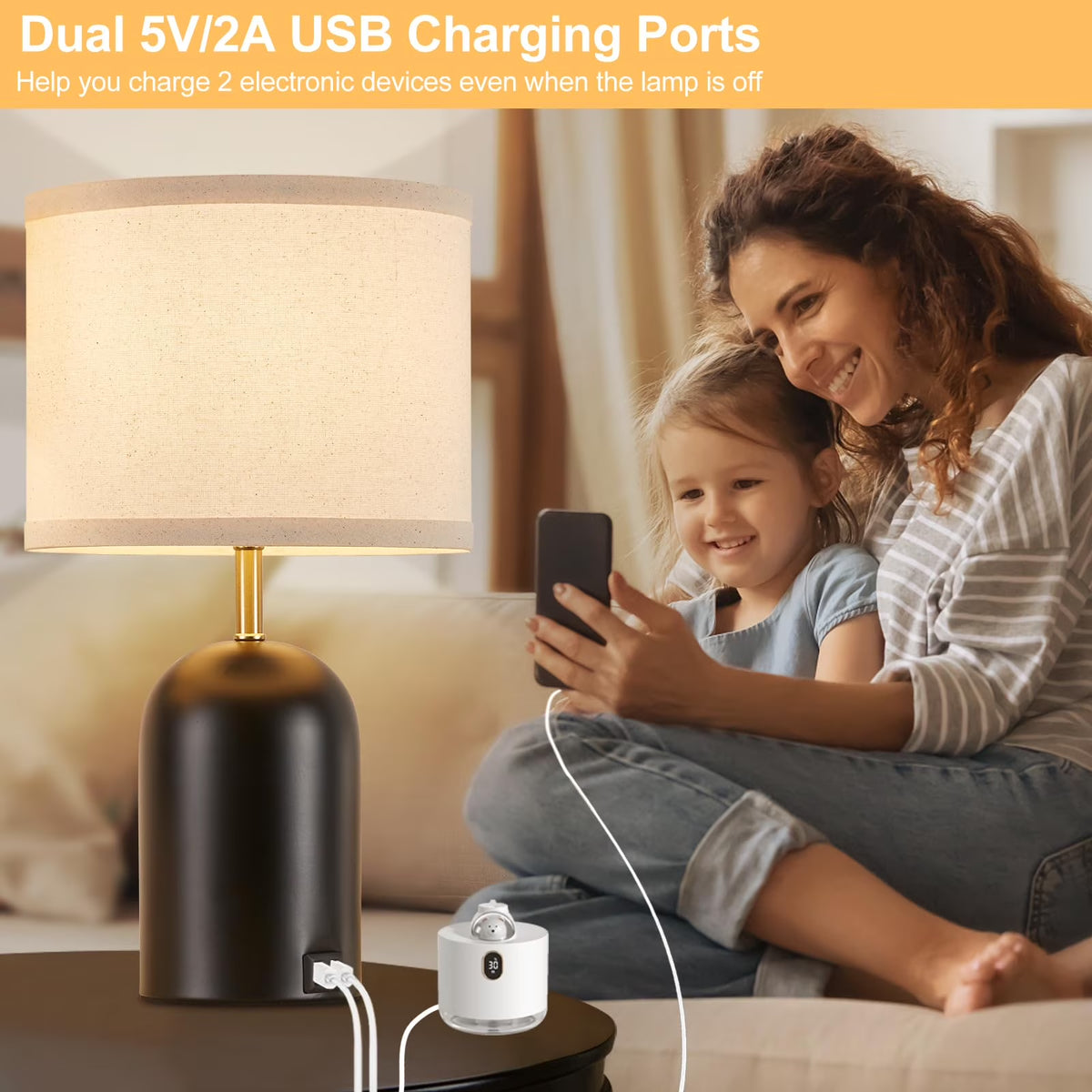 Touch Control Table Lamps Set of 2, Modern Bedside Lamp with 2 USB Ports, 3-Way Dimmable Black Nightstand Lamp with Fabric Shade for Living Room Bedroom Office Dorm (LED Bulbs Included)