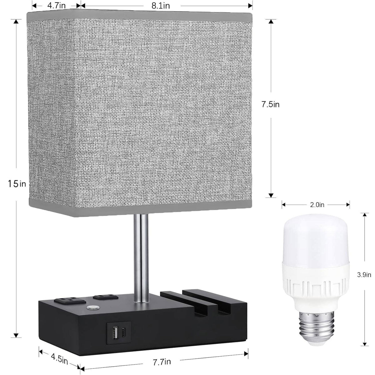 HOME Table Lamp for Bedroom with Fast USB A&C Charging Ports, Bedside Lamps with 2 Phone Stands, 2 and 3-Prong AC Charging Outlets, Touch Lamp for Living Room, Dorm, Home Office