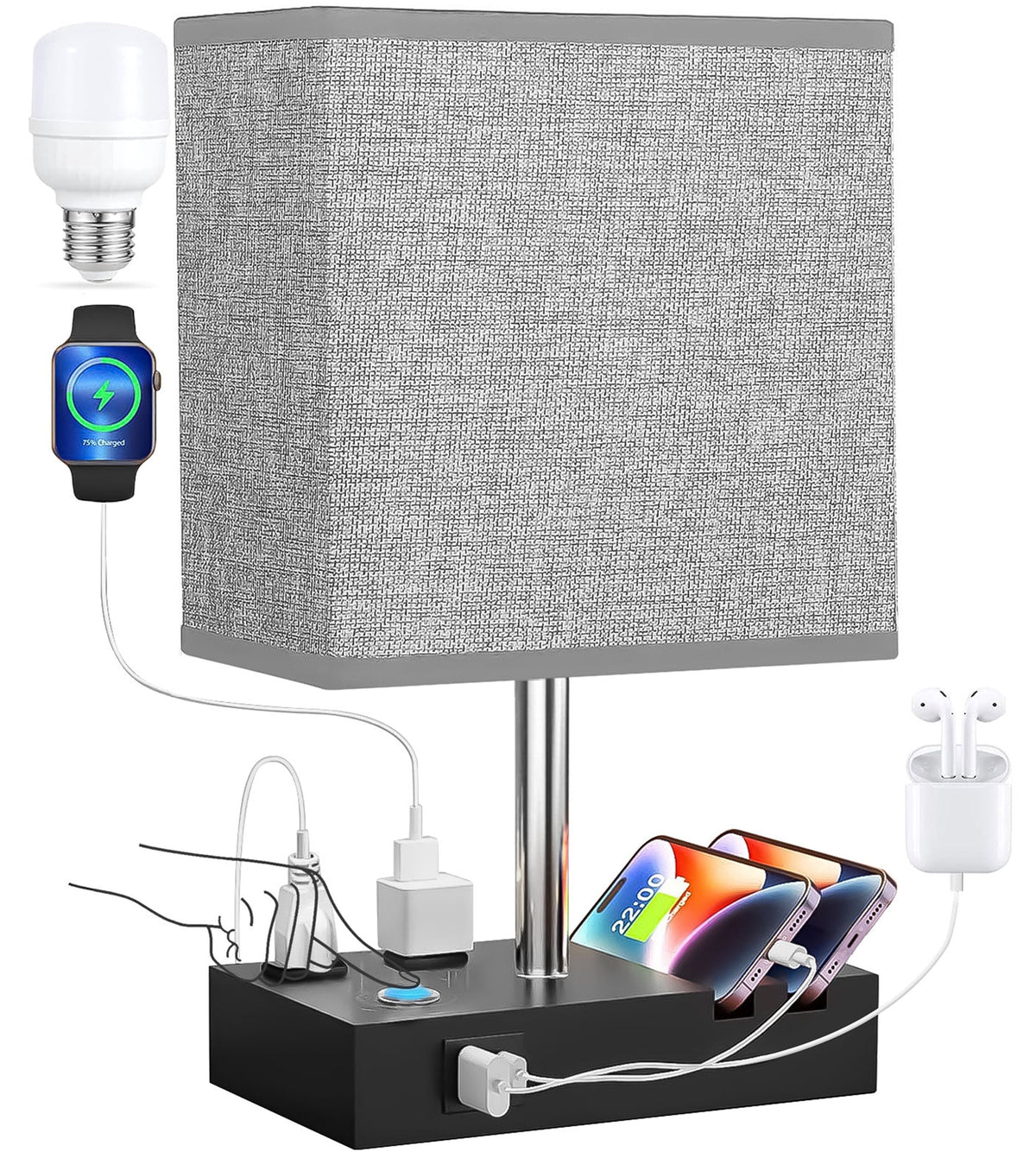 HOME Table Lamp for Bedroom with Fast USB A&C Charging Ports, Bedside Lamps with 2 Phone Stands, 2 and 3-Prong AC Charging Outlets, Touch Lamp for Living Room, Dorm, Home Office