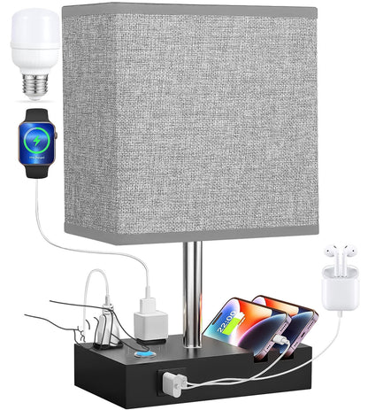 HOME Table Lamp for Bedroom with Fast USB A&C Charging Ports, Bedside Lamps with 2 Phone Stands, 2 and 3-Prong AC Charging Outlets, Touch Lamp for Living Room, Dorm, Home Office