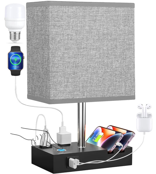 HOME Table Lamp for Bedroom with Fast USB A&C Charging Ports, Bedside Lamps with 2 Phone Stands, 2 and 3-Prong AC Charging Outlets, Touch Lamp for Living Room, Dorm, Home Office