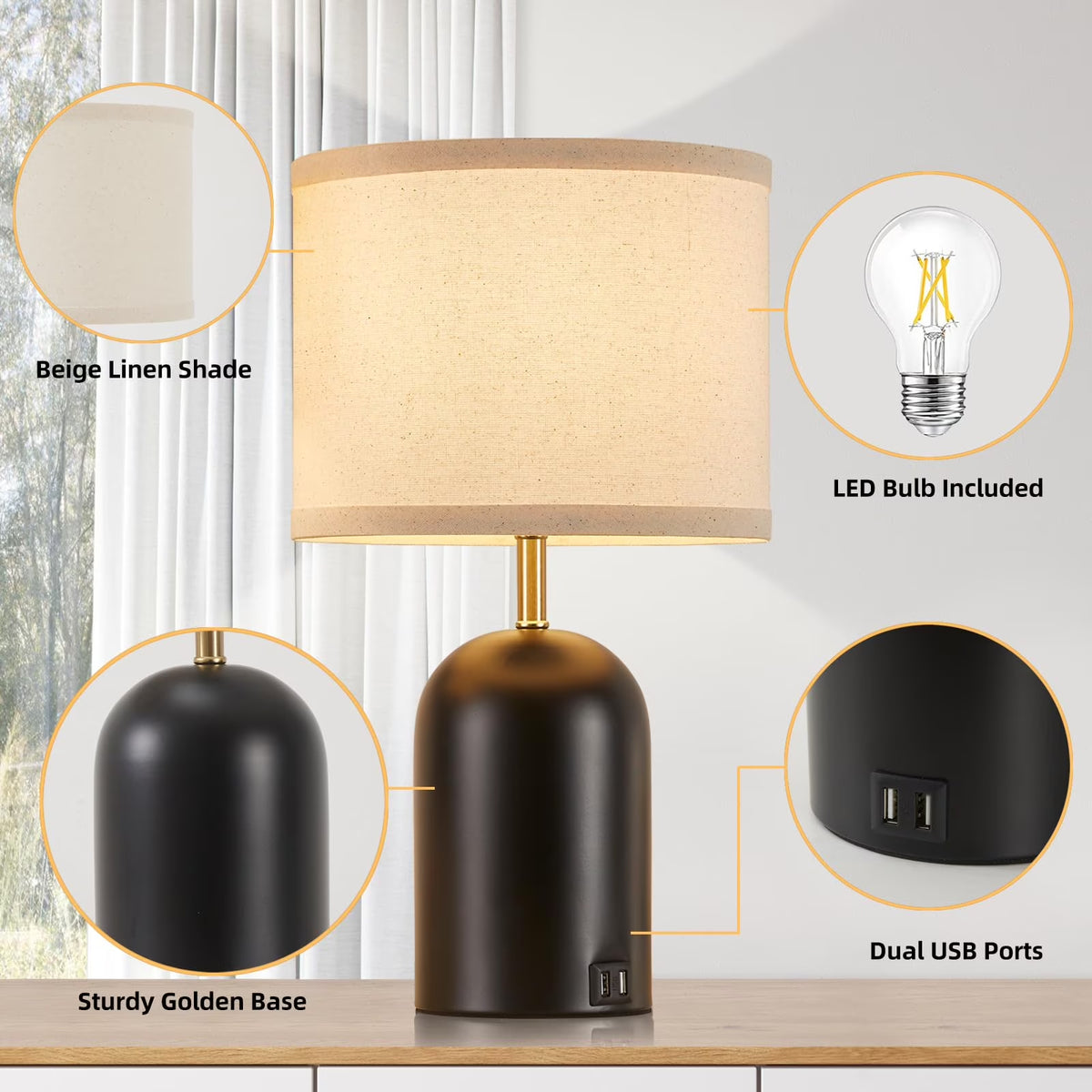 Touch Control Table Lamps Set of 2, Modern Bedside Lamp with 2 USB Ports, 3-Way Dimmable Black Nightstand Lamp with Fabric Shade for Living Room Bedroom Office Dorm (LED Bulbs Included)