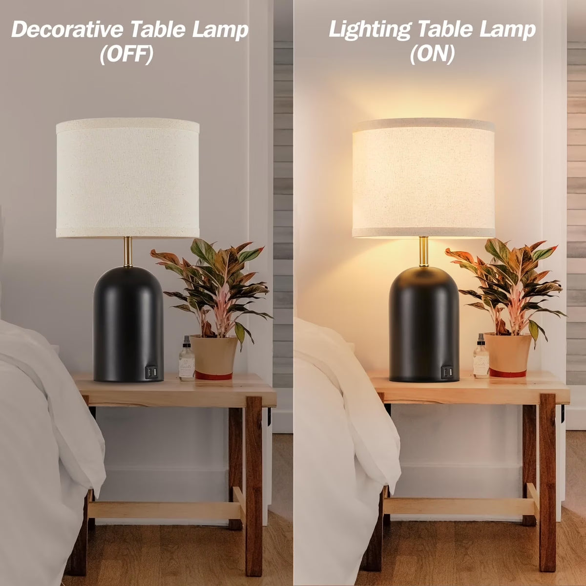 Touch Control Table Lamps Set of 2, Modern Bedside Lamp with 2 USB Ports, 3-Way Dimmable Black Nightstand Lamp with Fabric Shade for Living Room Bedroom Office Dorm (LED Bulbs Included)