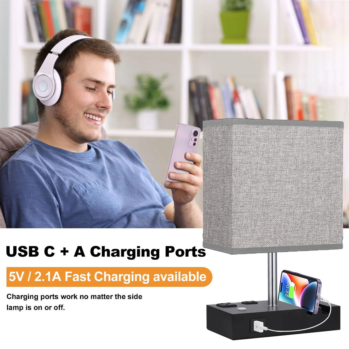 HOME Table Lamp for Bedroom with Fast USB A&C Charging Ports, Bedside Lamps with 2 Phone Stands, 2 and 3-Prong AC Charging Outlets, Touch Lamp for Living Room, Dorm, Home Office