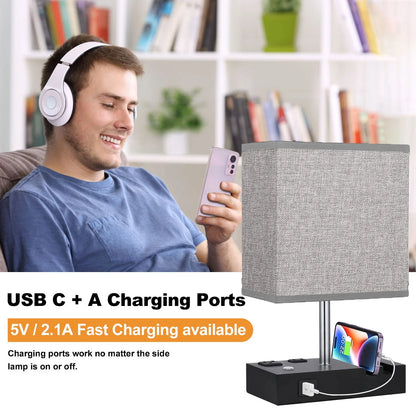 HOME Table Lamp for Bedroom with Fast USB A&C Charging Ports, Bedside Lamps with 2 Phone Stands, 2 and 3-Prong AC Charging Outlets, Touch Lamp for Living Room, Dorm, Home Office