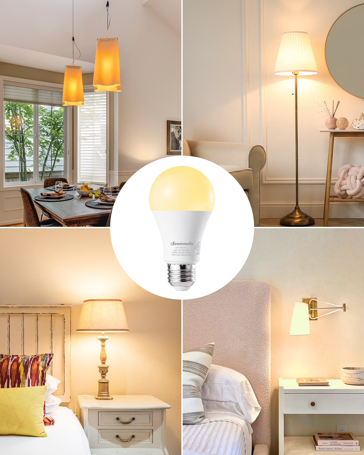 Dimmable LED Light Bulbs 60W Equivalent 800 Lumen 2700K Warm White, 10W LED Bulbs E26 Medium Base, UL Listed 4-Pack