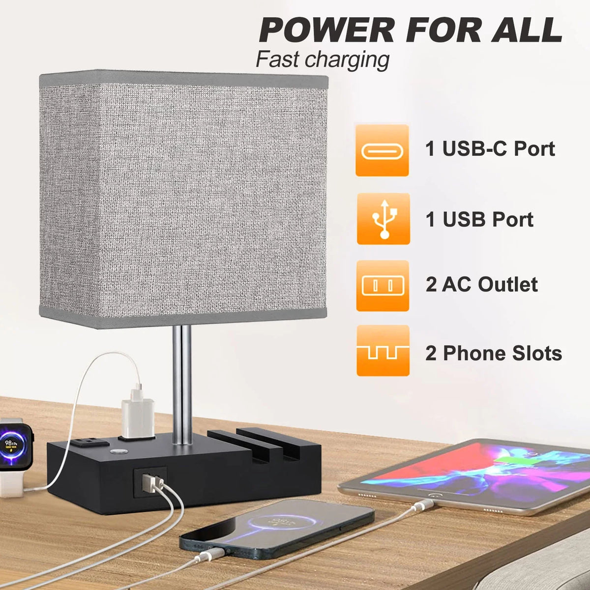 HOME Table Lamp for Bedroom with Fast USB A&C Charging Ports, Bedside Lamps with 2 Phone Stands, 2 and 3-Prong AC Charging Outlets, Touch Lamp for Living Room, Dorm, Home Office