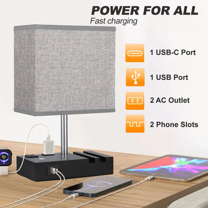 HOME Table Lamp for Bedroom with Fast USB A&C Charging Ports, Bedside Lamps with 2 Phone Stands, 2 and 3-Prong AC Charging Outlets, Touch Lamp for Living Room, Dorm, Home Office