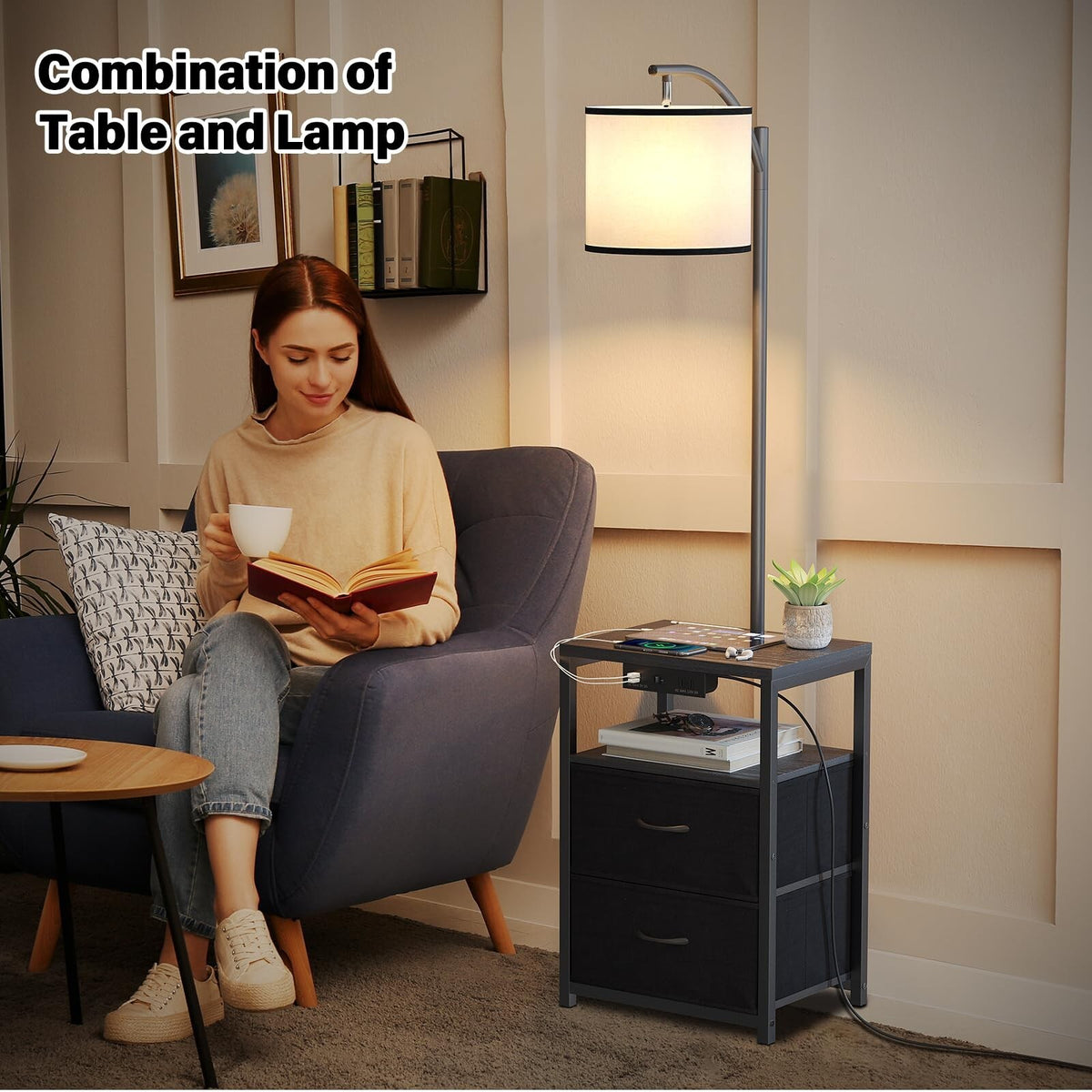 SUNMORY Floor Lamp with Table & 2 Drawers, Lamp with USB Port and Outlet, Lam...